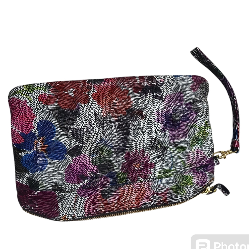 EUC Lodis Wristlet Purse Clutch Shiny Leather Floral Pattern Super Soft like new